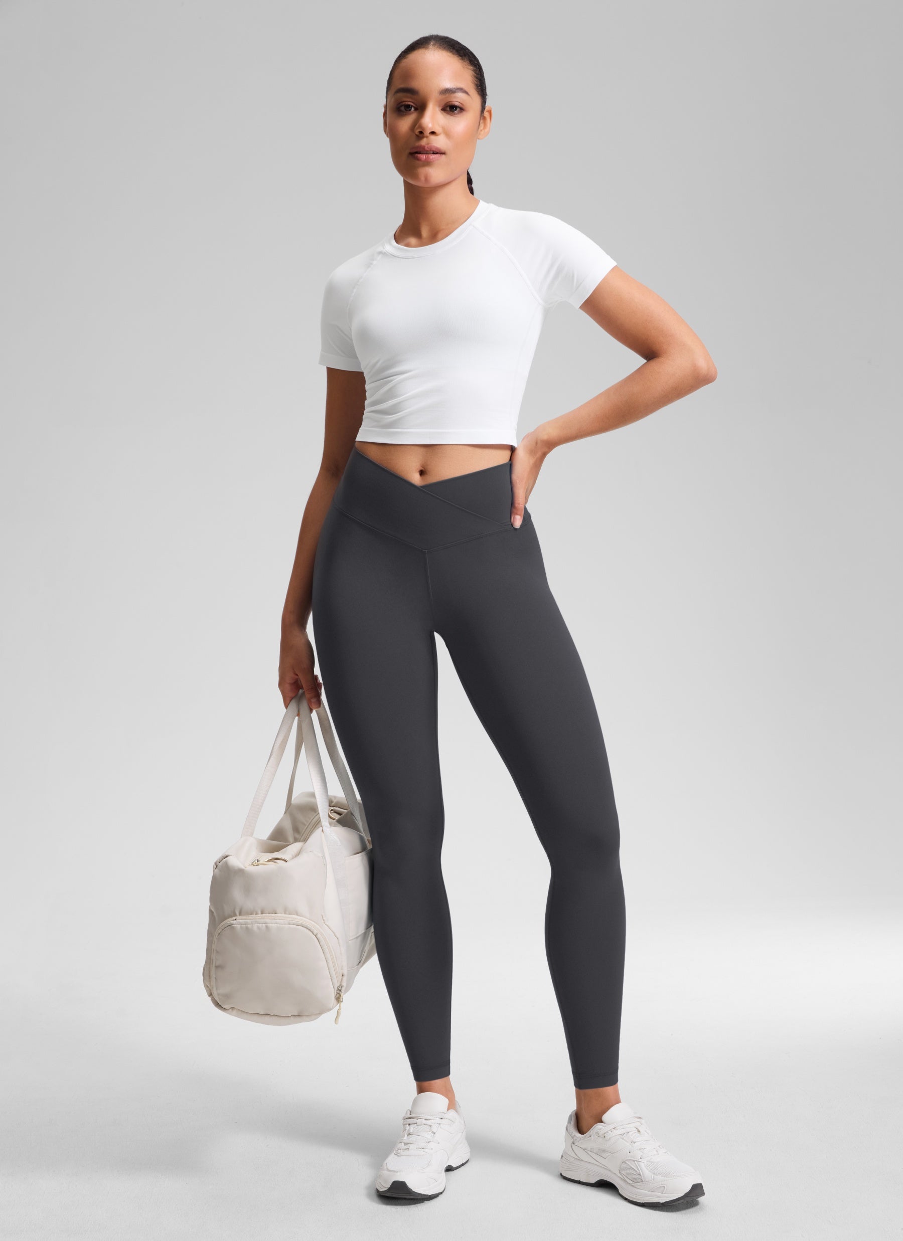 CRZ YOGA Women's High Rise Butterluxe Yoga Leggings 28'' V Cross Waist Mysterious Grey