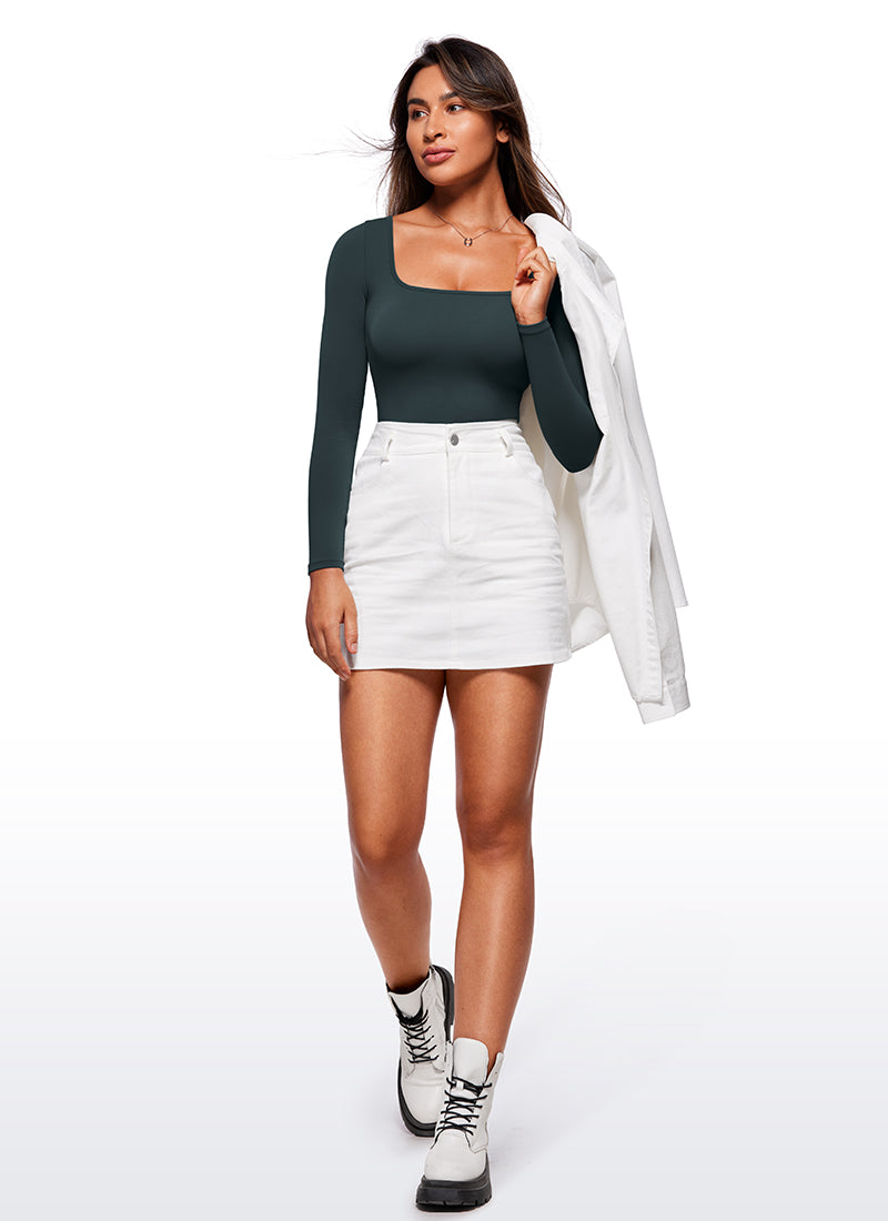 CRZ YOGA महिलाओं के लिए योगा टाइट फिट स्क्वायर नेक लॉन्ग स्लीव्स बॉडीसूट्स फॉरेस्ट डार्क ग्रीन
