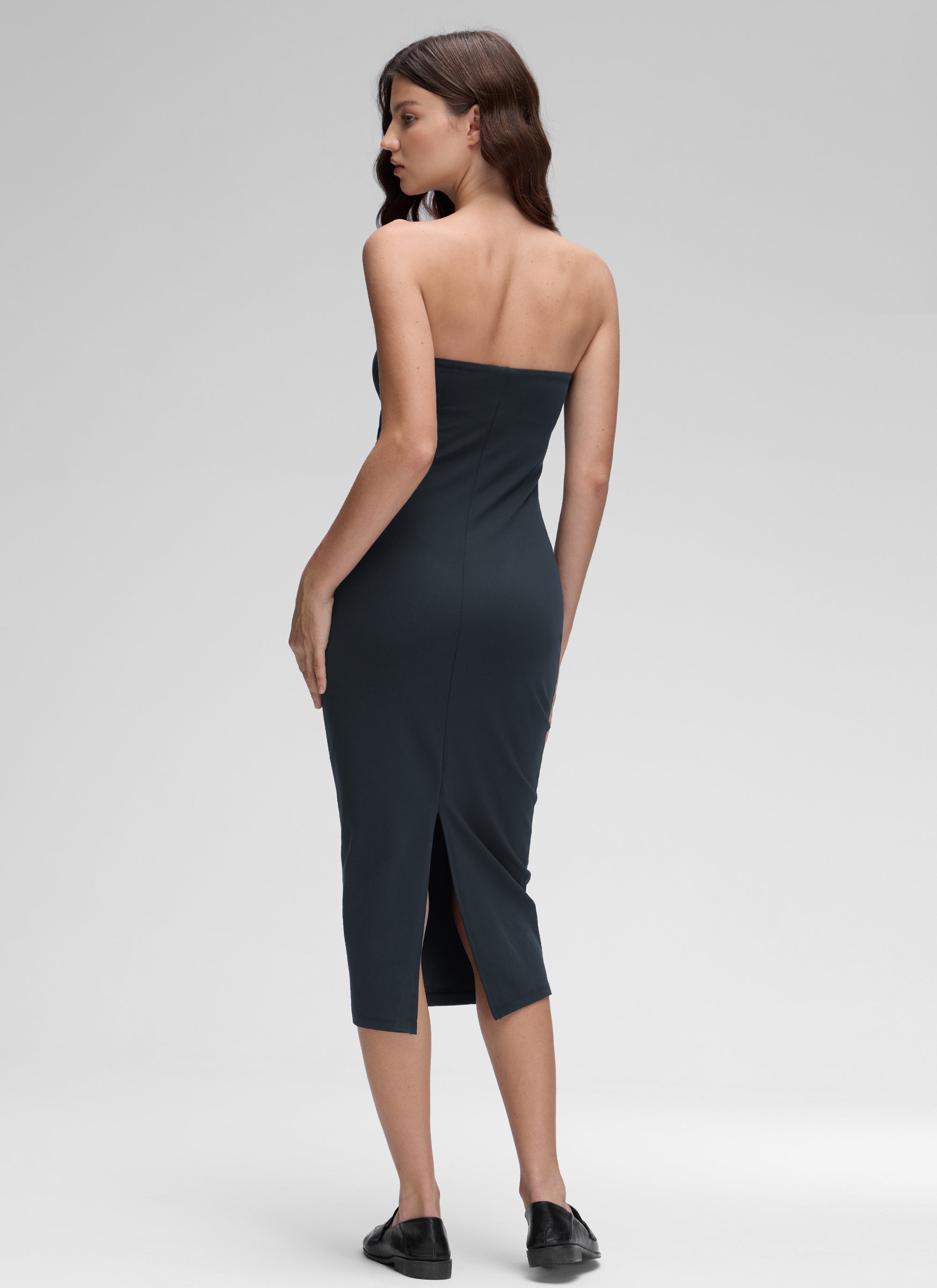 CRZ YOGA Women's Butterluxe Casual Strapless Built in Bra Midi Dress True Navy